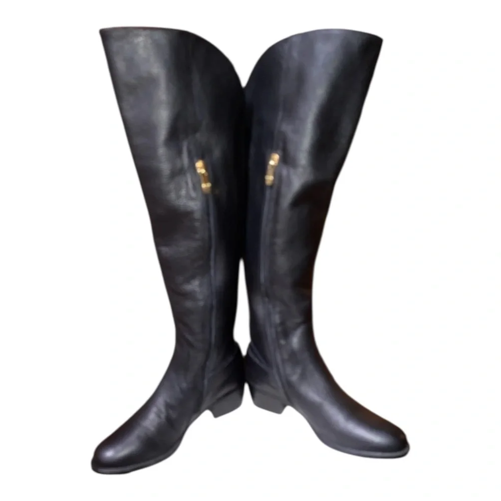 Vince Camuto Black Leather‎ knee High Bedina equestrian Boots. Block Heel…